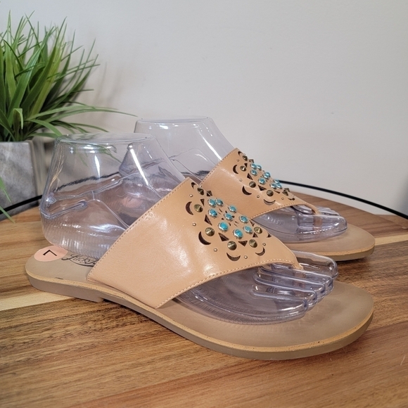 Lucky Brand 'Breese' Sandal Tan Thong with turquoise embellishments boho Size 7 - Picture 8 of 15